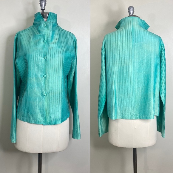 GRACIE MADE IN VIETNAM 100% DUPIONI SILK BUTTON UP LONG SLEEVE PIN TUCK TOP XL - Picture 4 of 8